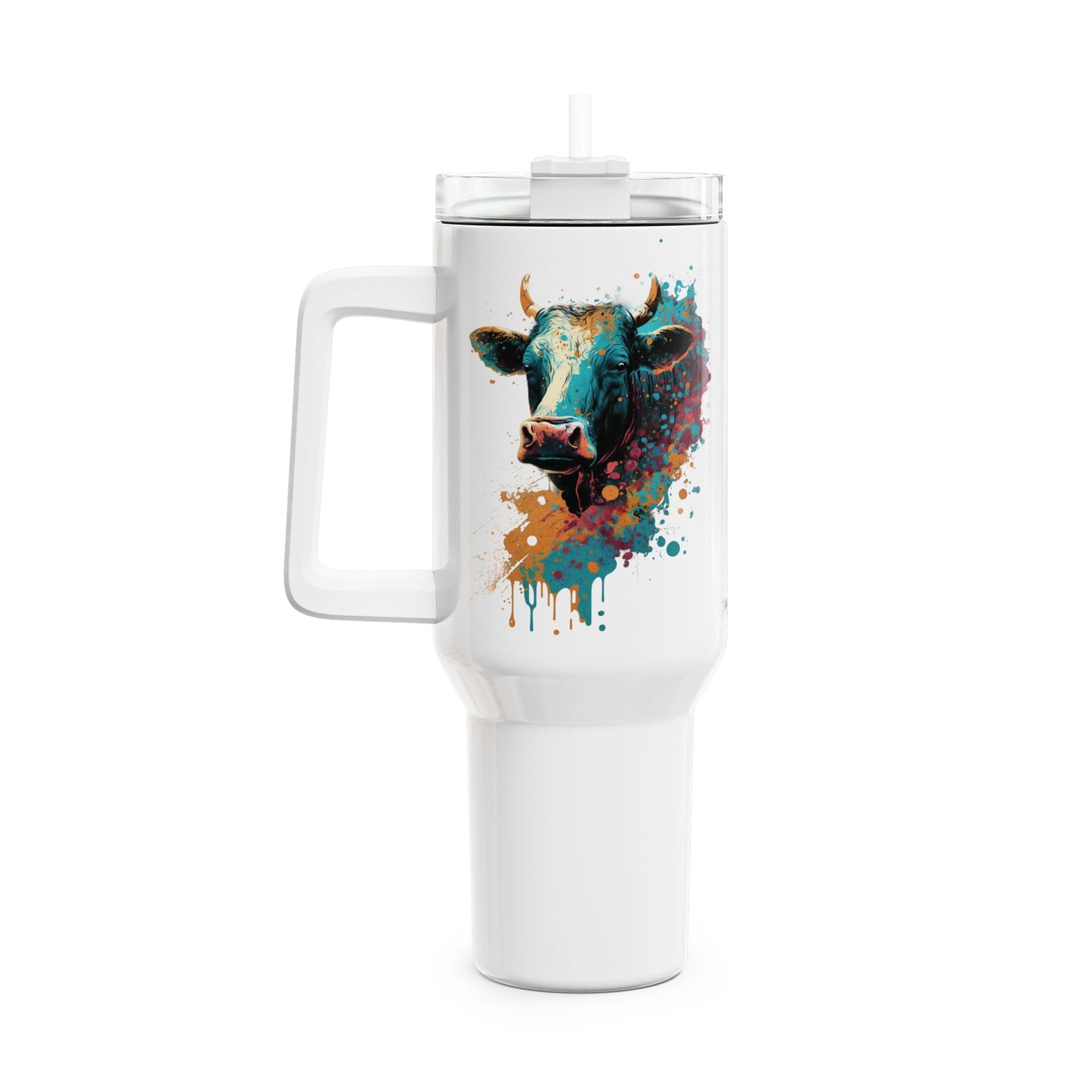 Tumbler-Becher, Edelstahl, Thermobecher, 1182 ml in weiß, Motiv: Kuh-Splash