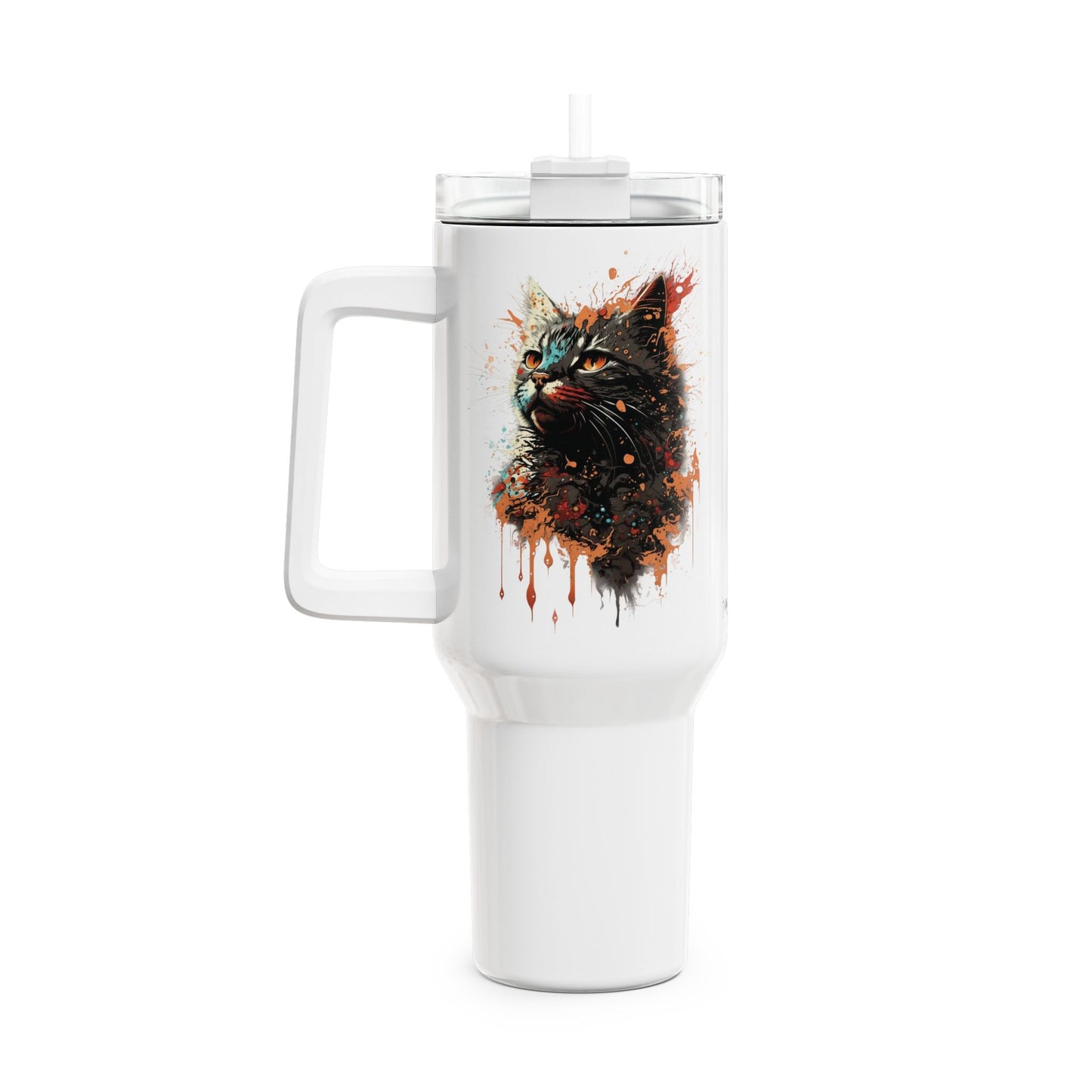 Tumbler-Becher, Edelstahl, Thermobecher, 1182 ml in weiß, Motiv: Katze-Splash