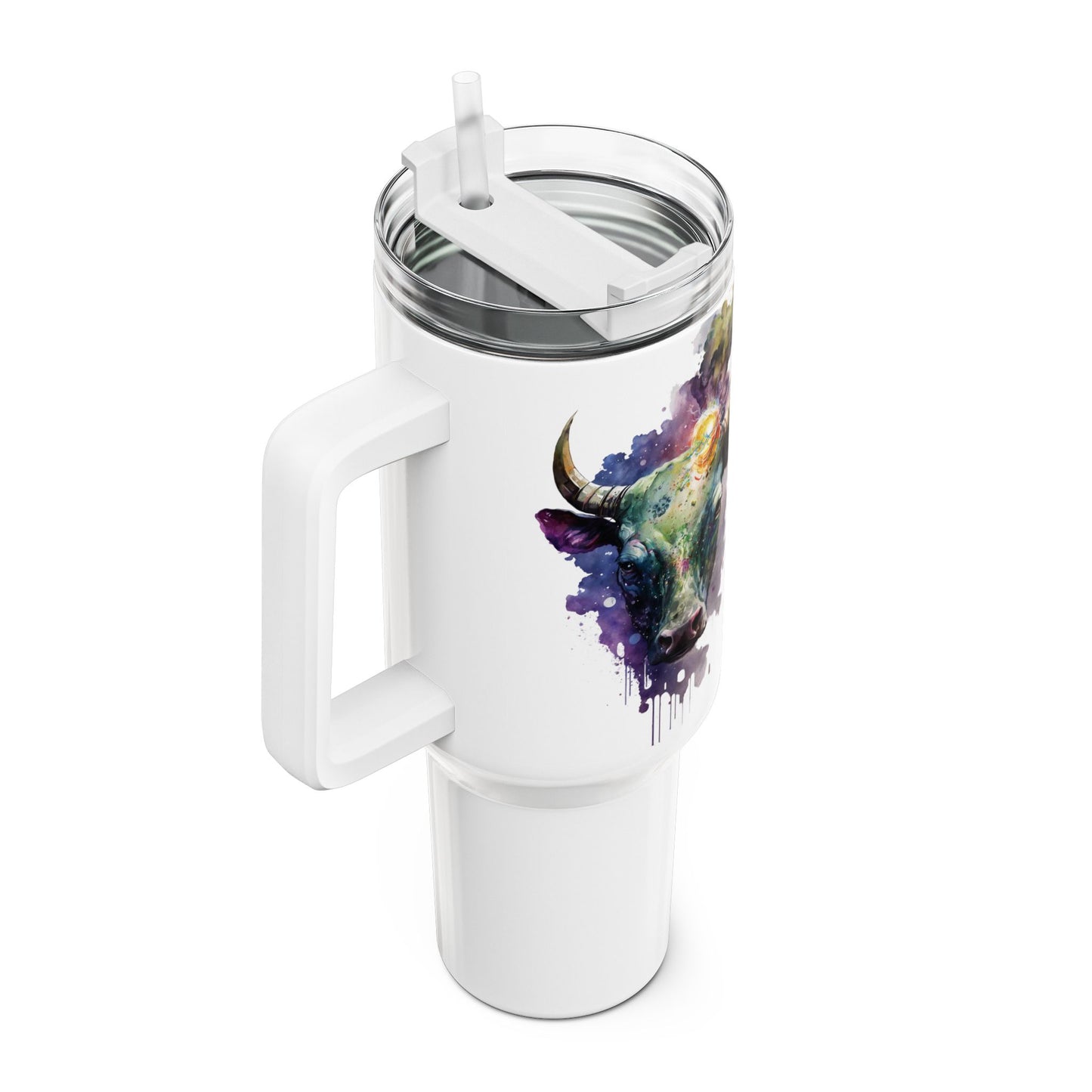 Tumbler-Becher, Edelstahl, Thermobecher, 1182 ml in weiß, Motiv: Kuh-Watercolor