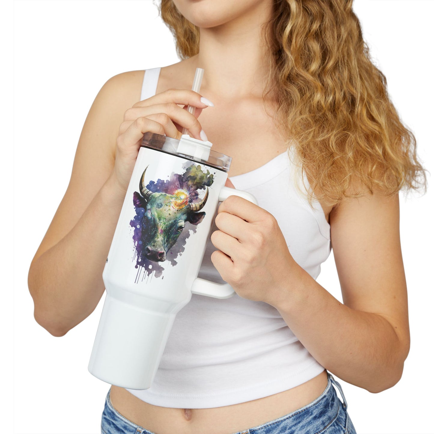 Tumbler-Becher, Edelstahl, Thermobecher, 1182 ml in weiß, Motiv: Kuh-Watercolor