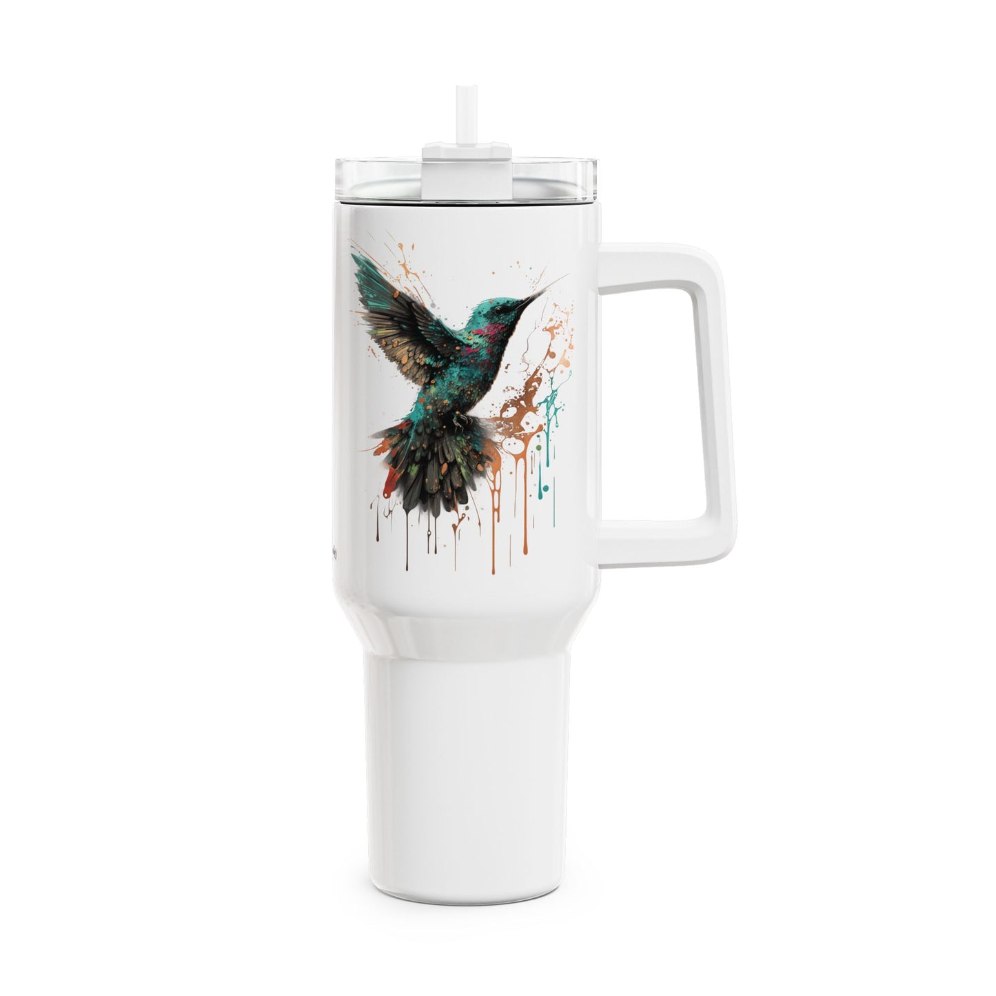 Tumbler-Becher, Edelstahl, Thermobecher, 1182 ml in weiß, Motiv: Kolibri-Splash