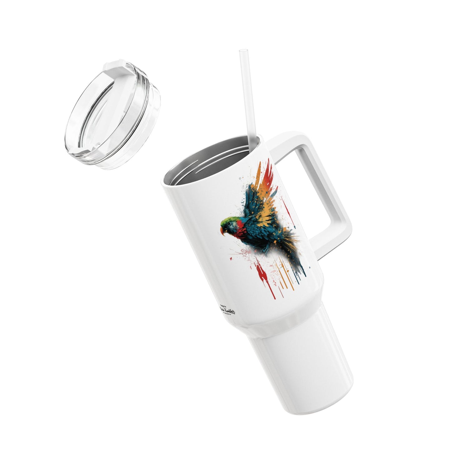 Tumbler-Becher, Edelstahl, Thermobecher, 1182 ml in weiß, Motiv: Papagei-Splash