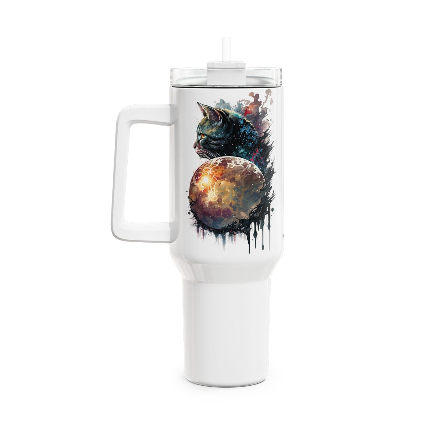 Tumbler-Becher, Edelstahl, Thermobecher, 1182 ml in weiß, Motiv: Katze-Watercolor