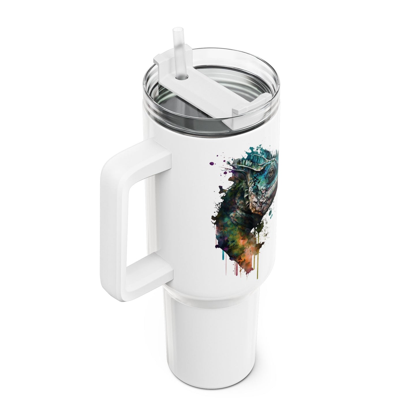 Tumbler-Becher, Edelstahl, Thermobecher, 1182 ml in weiß, Motiv: Pantherchamäleon-Watercolor