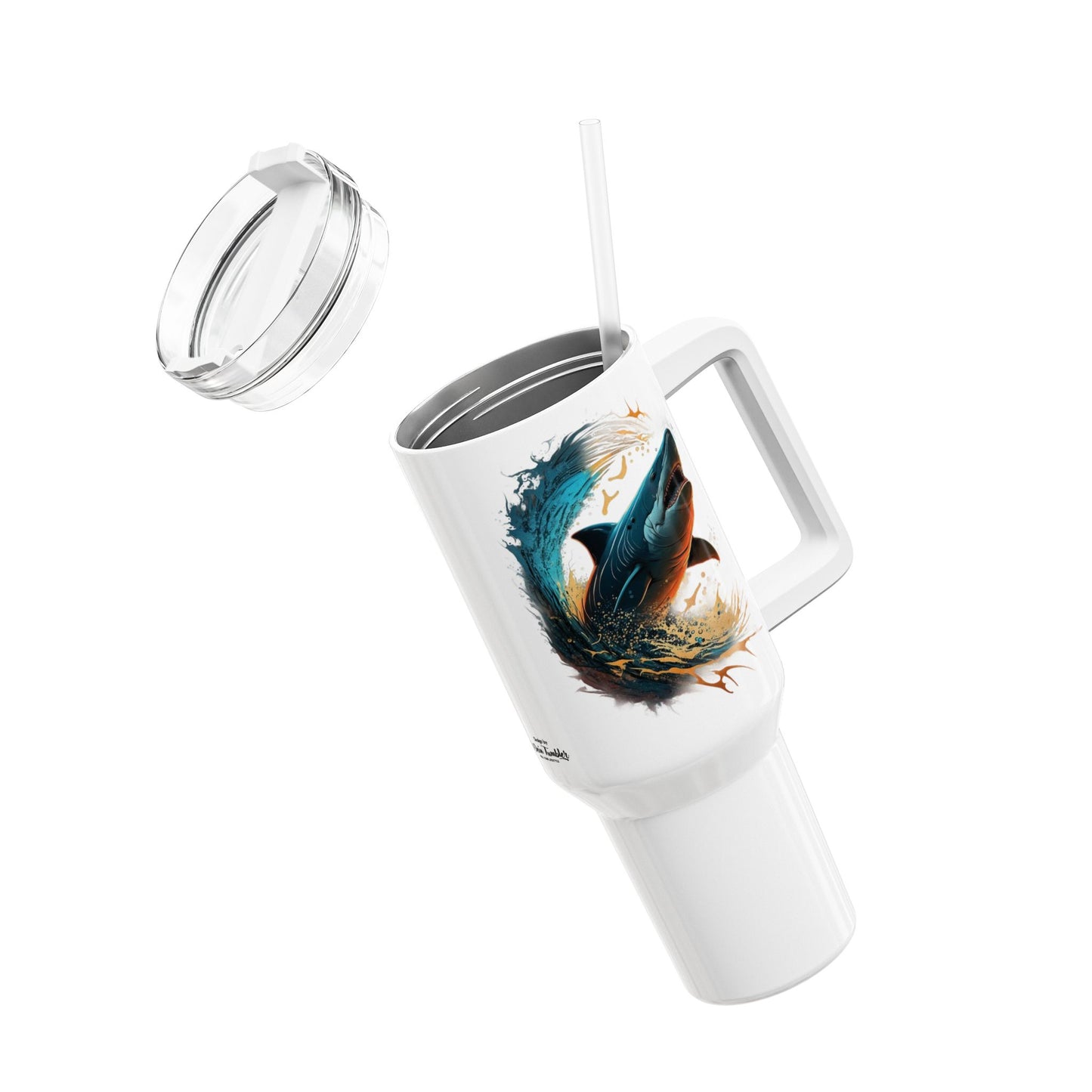 Tumbler-Becher, Edelstahl, Thermobecher, 1182 ml in weiß, Motiv: Hai-Splash