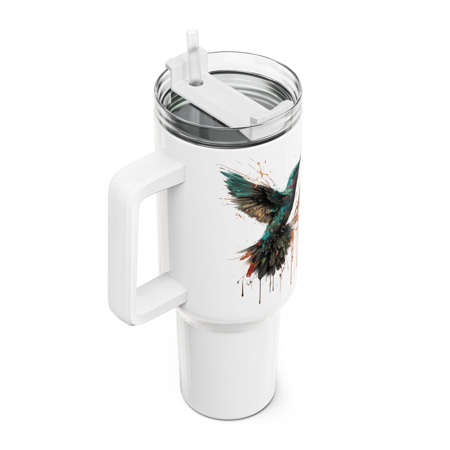 Tumbler-Becher, Edelstahl, Thermobecher, 1182 ml in weiß, Motiv: Kolibri-Splash