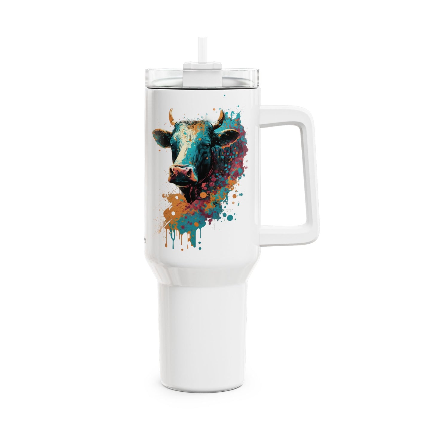 Tumbler-Becher, Edelstahl, Thermobecher, 1182 ml in weiß, Motiv: Kuh-Splash