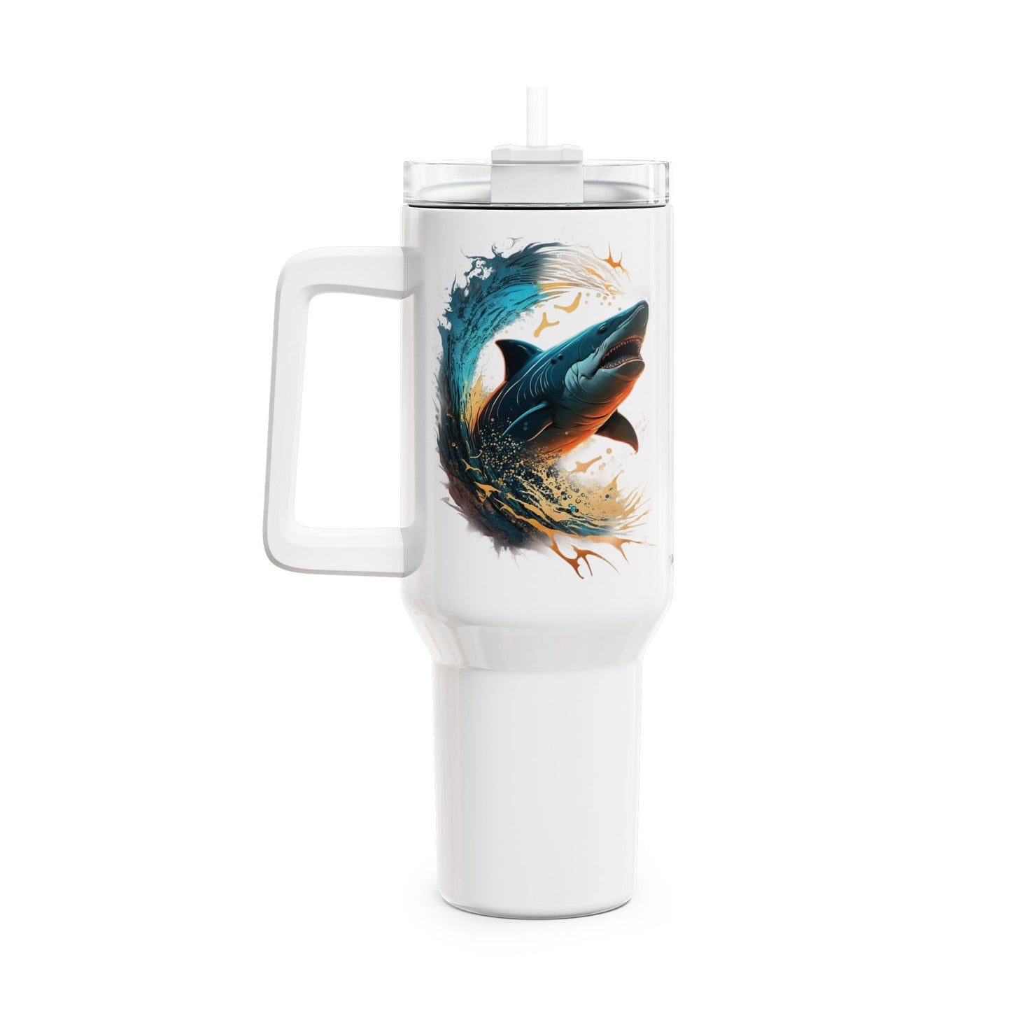 Tumbler-Becher, Edelstahl, Thermobecher, 1182 ml in weiß, Motiv: Hai-Splash