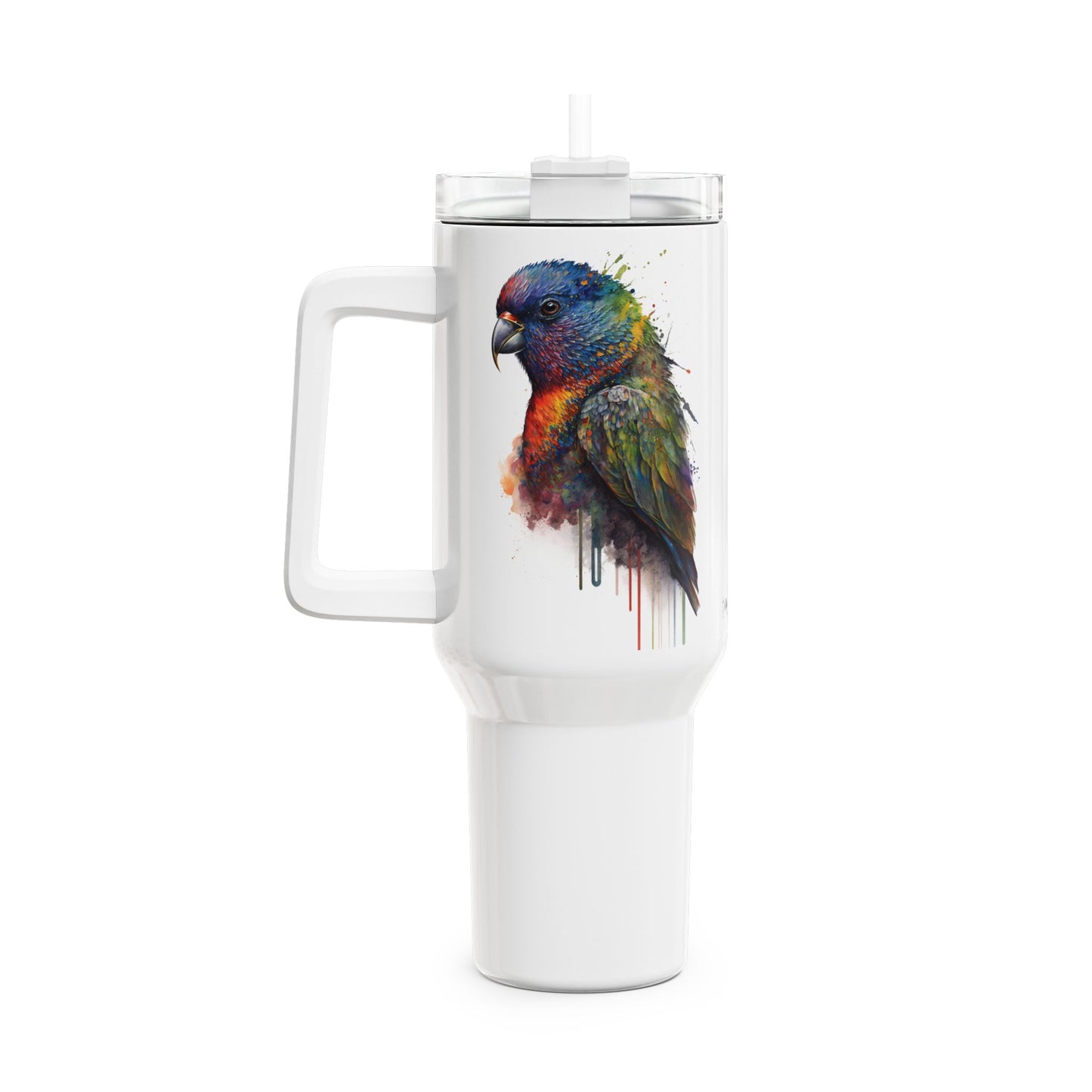 Tumbler-Becher, Edelstahl, Thermobecher, 1182 ml in weiß, Motiv: Regenbogenvogel-Watercolor