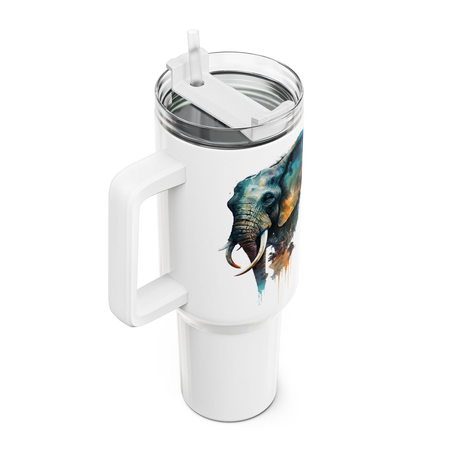 Tumbler-Becher, Edelstahl, Thermobecher, 1182 ml in weiß, Motiv: Elefant-Watercolor