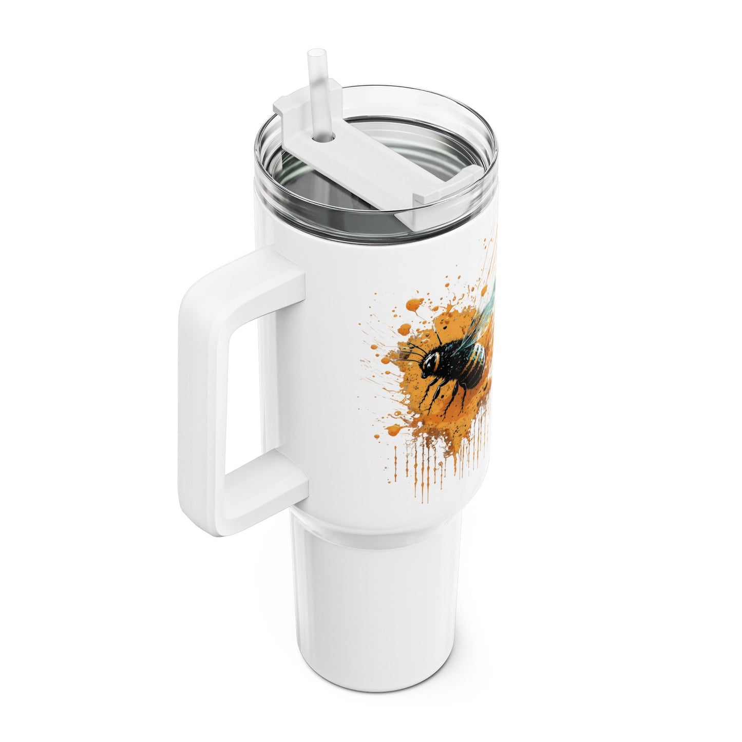 Tumbler-Becher, Edelstahl, Thermobecher, 1182 ml in weiß, Motiv: Biene-Splash