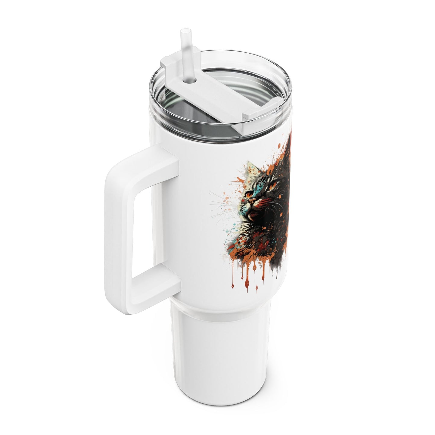 Tumbler-Becher, Edelstahl, Thermobecher, 1182 ml in weiß, Motiv: Katze-Splash