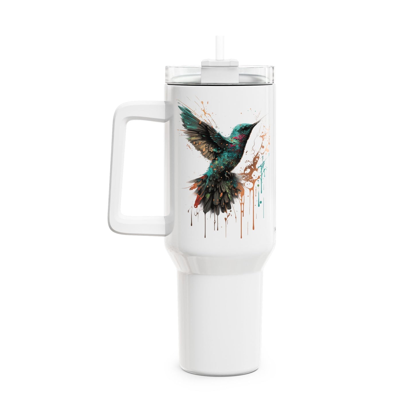 Tumbler-Becher, Edelstahl, Thermobecher, 1182 ml in weiß, Motiv: Kolibri-Splash