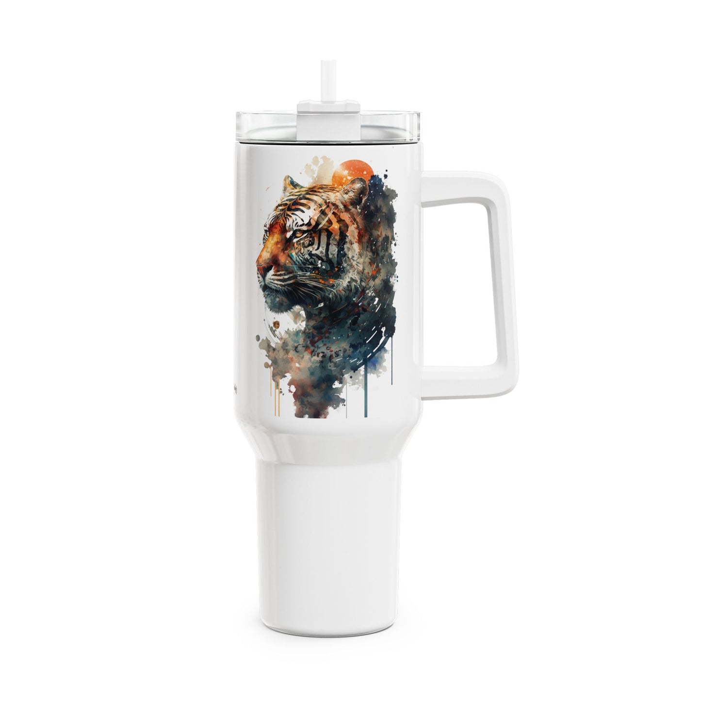 Tumbler-Becher, Edelstahl, Thermobecher, 1182 ml in weiß, Motiv: Tiger-Watercolor