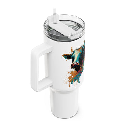 Tumbler-Becher, Edelstahl, Thermobecher, 1182 ml in weiß, Motiv: Kuh-Splash