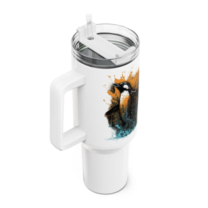 Tumbler-Becher, Edelstahl, Thermobecher, 1182 ml in weiß, Motiv: Pinguin-Splash