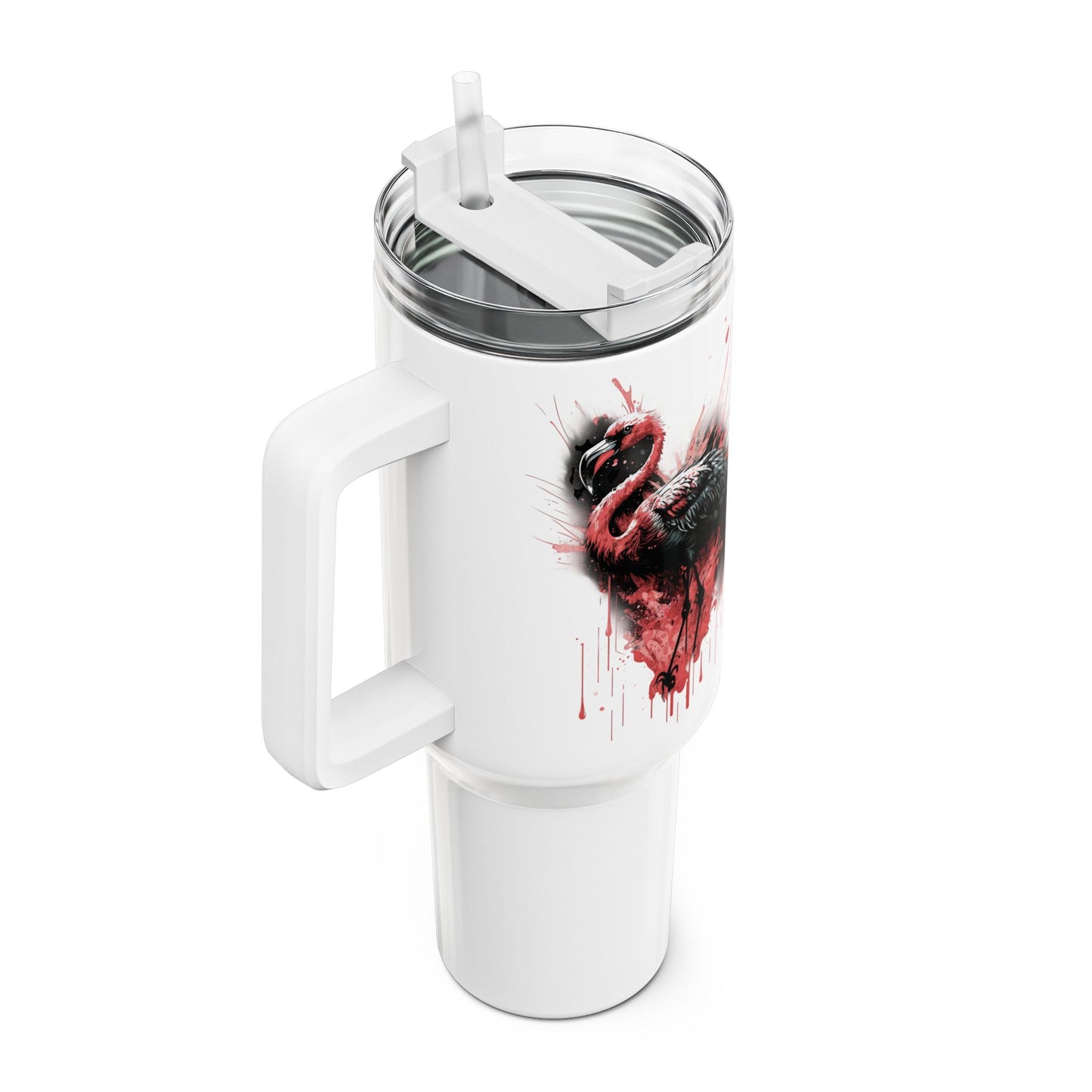 Tumbler-Becher, Edelstahl, Thermobecher, 1182 ml in weiß, Motiv: Flamingo-Splash