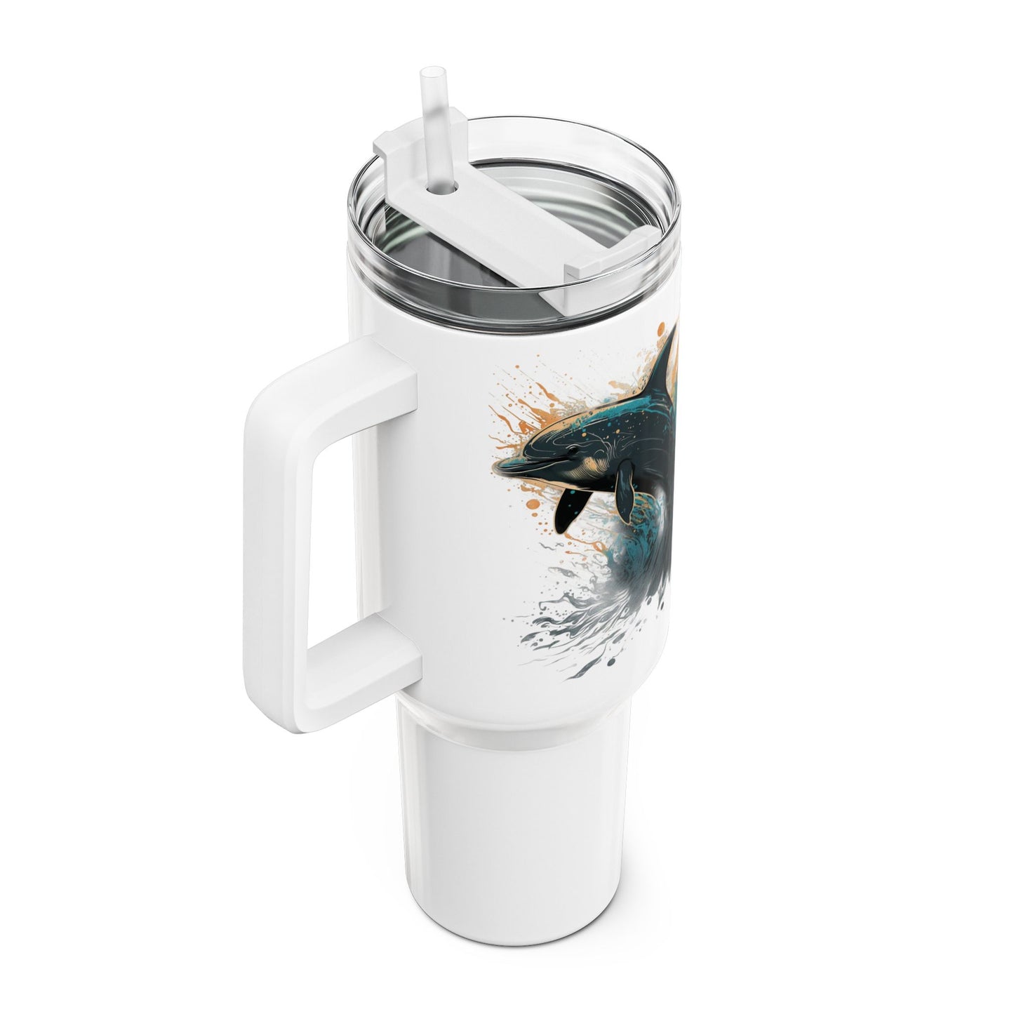 Tumbler-Becher, Edelstahl, Thermobecher, 1182 ml in weiß, Motiv: Delfin-Splash