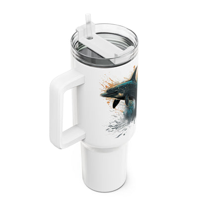 Tumbler-Becher, Edelstahl, Thermobecher, 1182 ml in weiß, Motiv: Delfin-Splash
