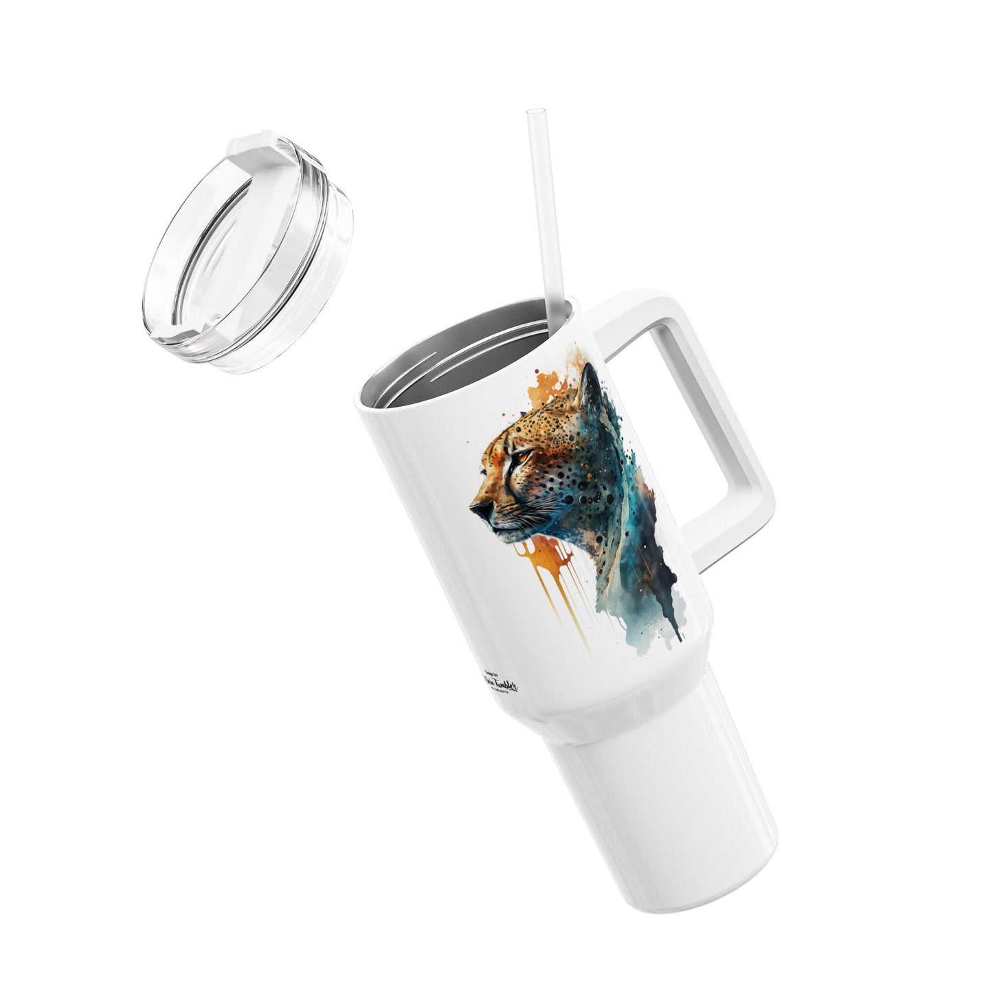 Tumbler-Becher, Edelstahl, Thermobecher, 1182 ml in weiß, Motiv: Gepard-Watercolor