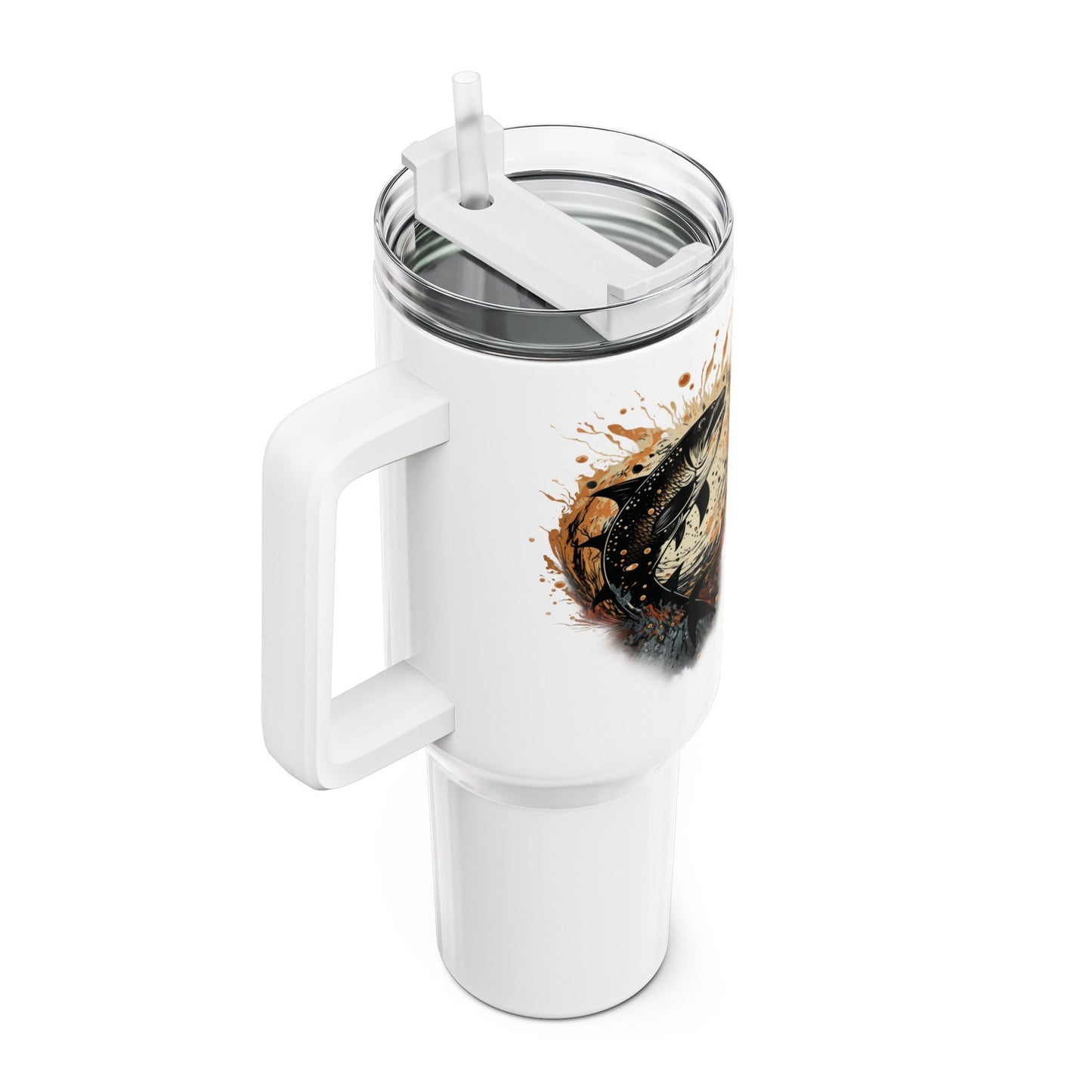 Tumbler-Becher, Edelstahl, Thermobecher, 1182 ml in weiß, Motiv: Fisch-Splash