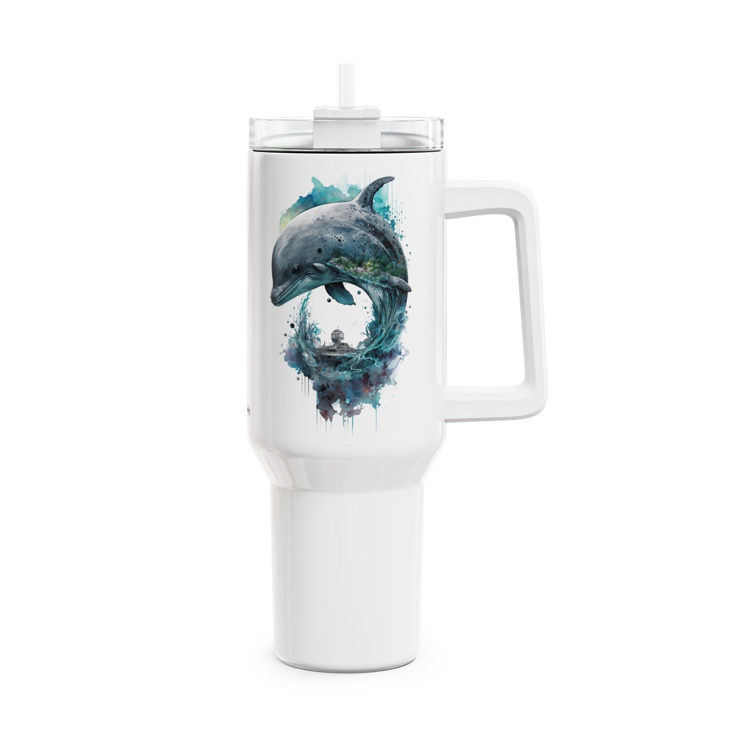 Tumbler-Becher, Edelstahl, Thermobecher, 1182 ml in weiß, Motiv: Delfin-Watercolor