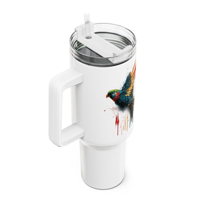 Tumbler-Becher, Edelstahl, Thermobecher, 1182 ml in weiß, Motiv: Papagei-Splash