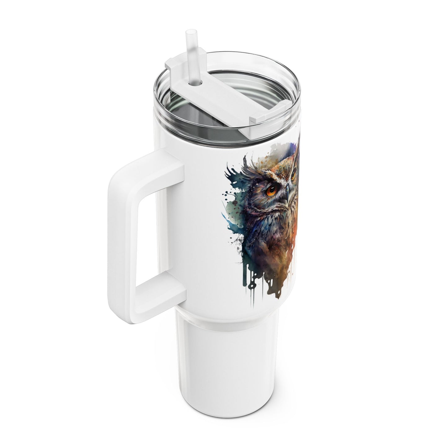 Tumbler-Becher, Edelstahl, Thermobecher, 1182 ml in weiß, Motiv: Eule-Watercolor