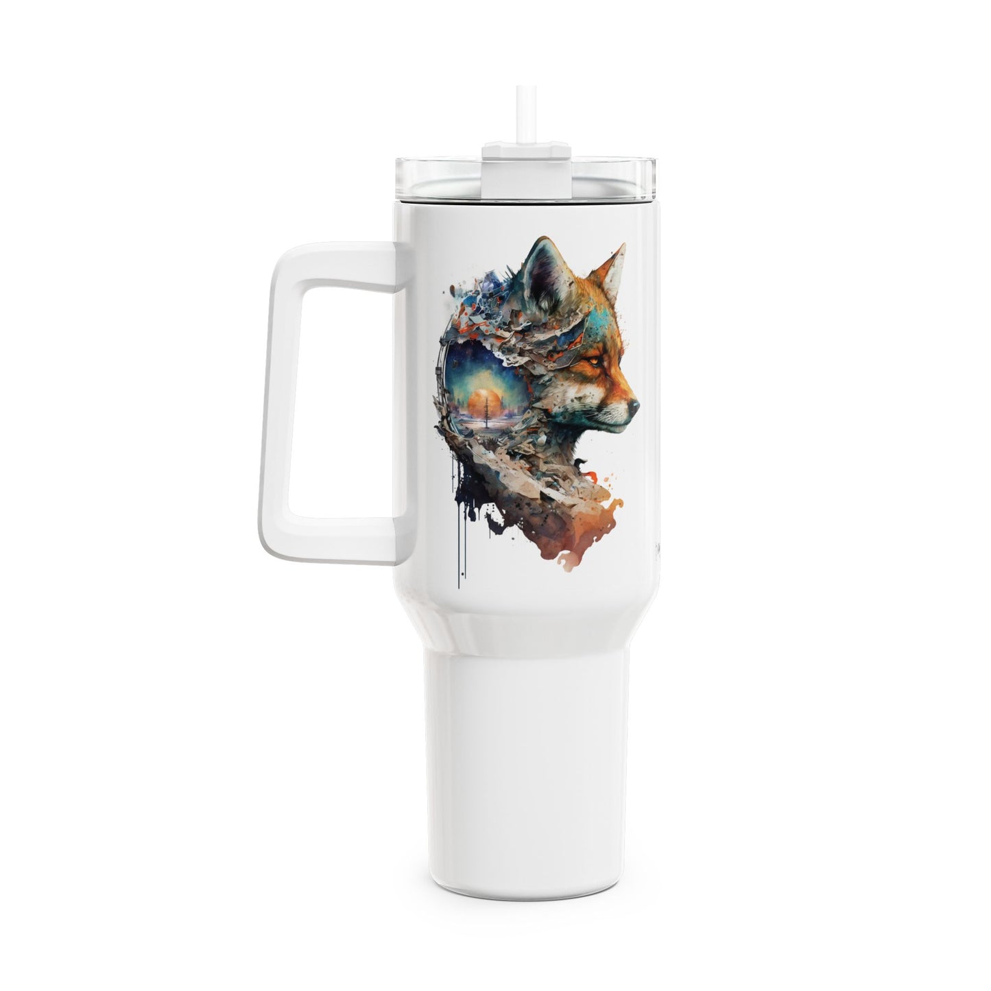 Tumbler-Becher, Edelstahl, Thermobecher, 1182 ml in weiß, Motiv: Fuchs-Watercolor