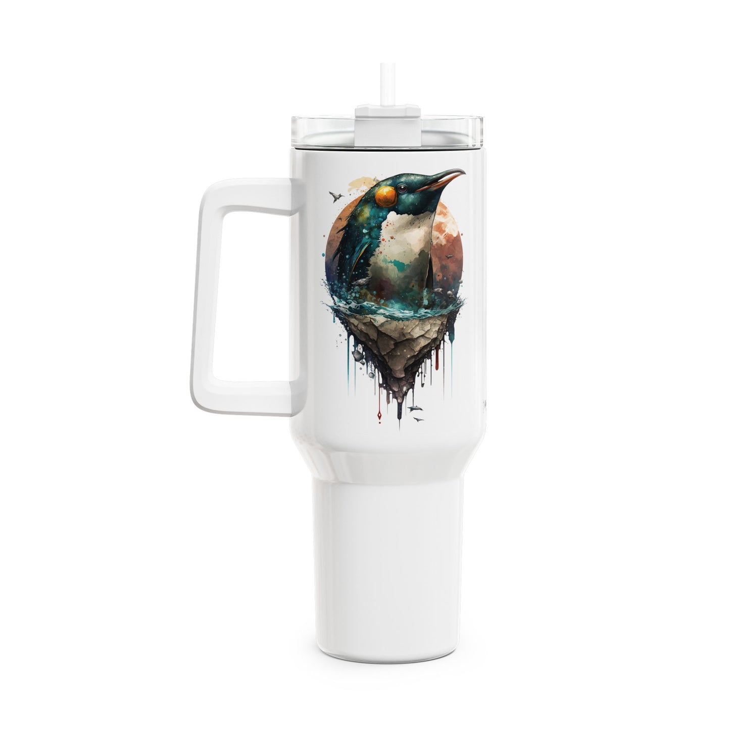 Tumbler-Becher, Edelstahl, Thermobecher, 1182 ml in weiß, Motiv: Pinguin-Watercolor