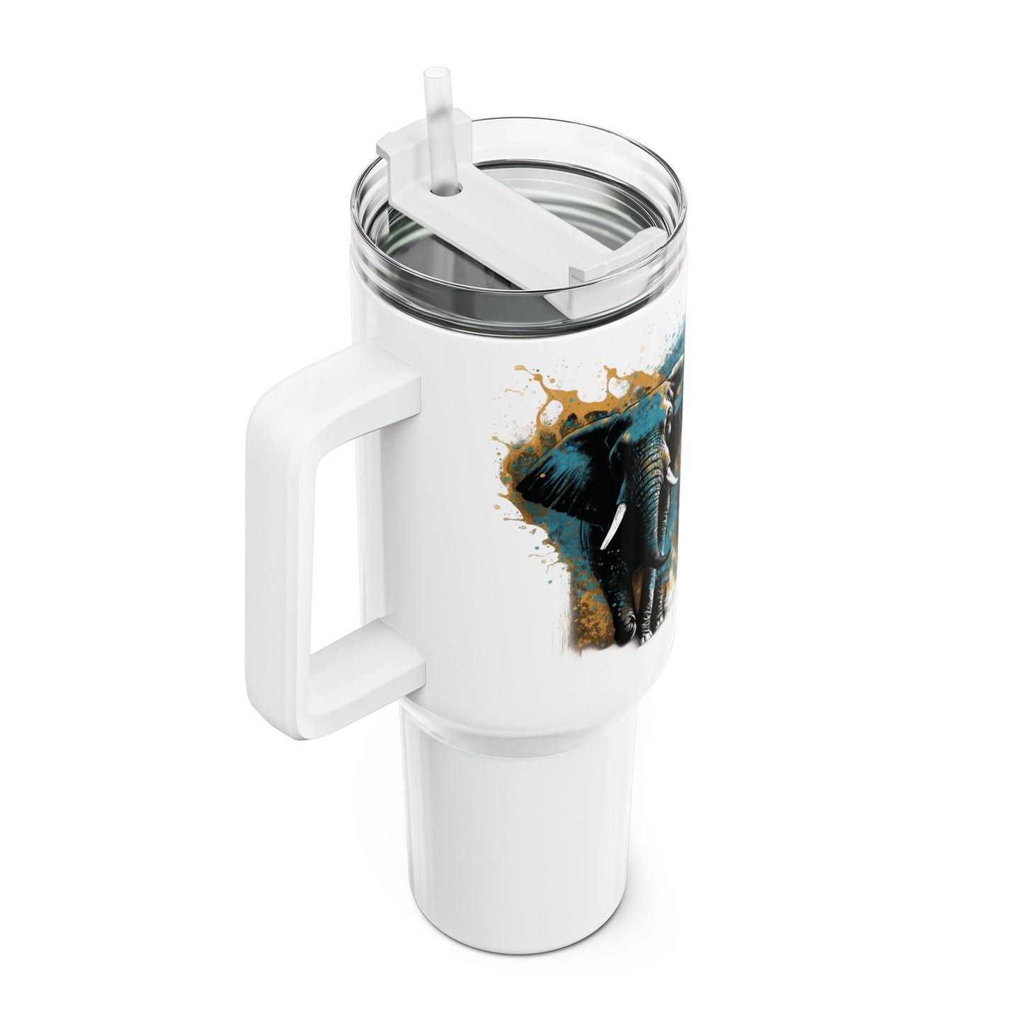 Tumbler-Becher, Edelstahl, Thermobecher, 1182 ml in weiß, Motiv: Elefant-Splash