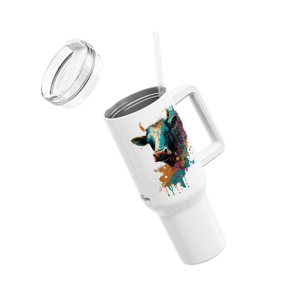 Tumbler-Becher, Edelstahl, Thermobecher, 1182 ml in weiß, Motiv: Kuh-Splash