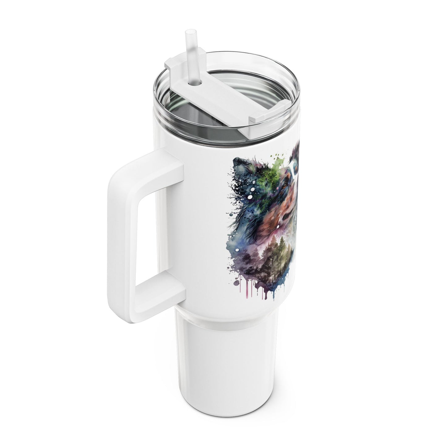 Tumbler-Becher, Edelstahl, Thermobecher, 1182 ml in weiß, Motiv: Australian Shephard-Watercolor