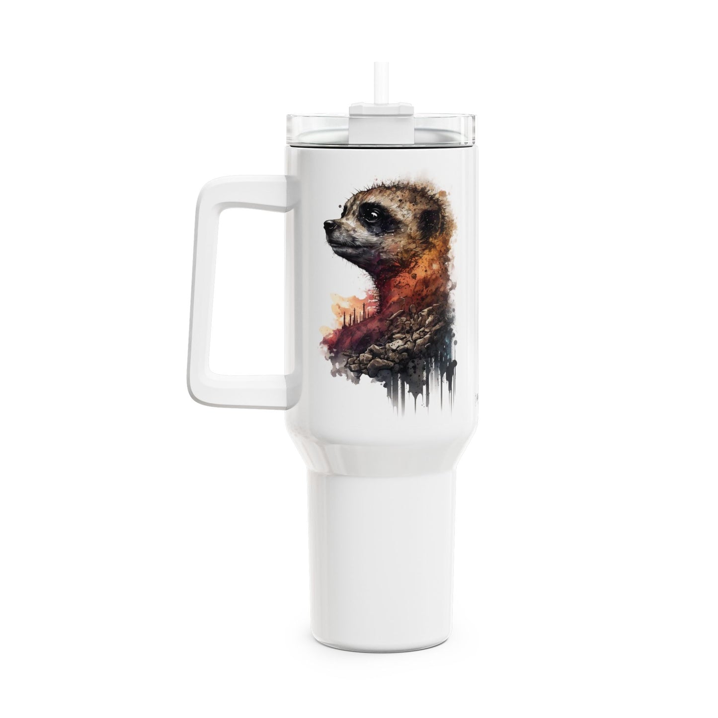 Tumbler-Becher, Edelstahl, Thermobecher, 1182 ml in weiß, Motiv: Erdmännchen-Watercolor