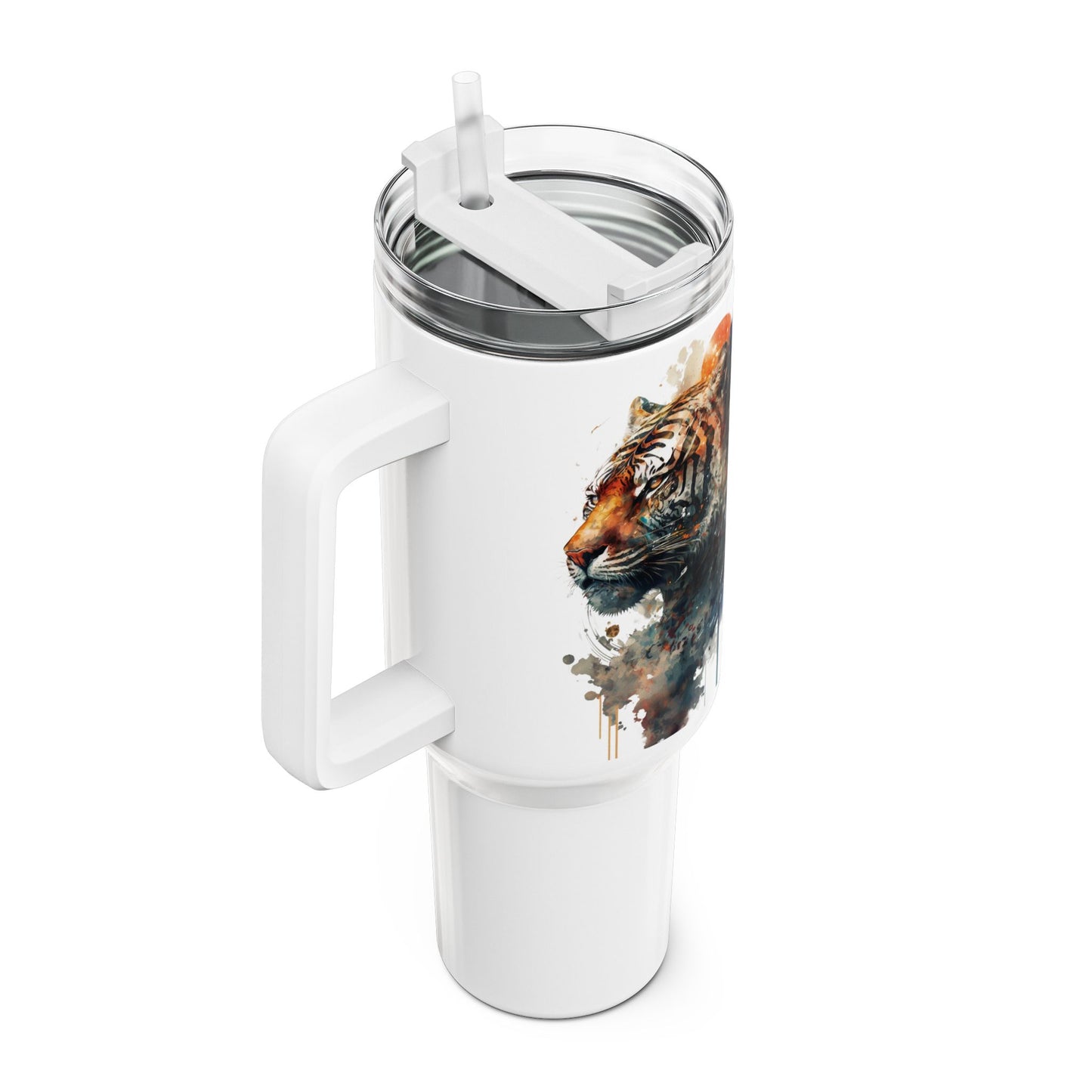 Tumbler-Becher, Edelstahl, Thermobecher, 1182 ml in weiß, Motiv: Tiger-Watercolor