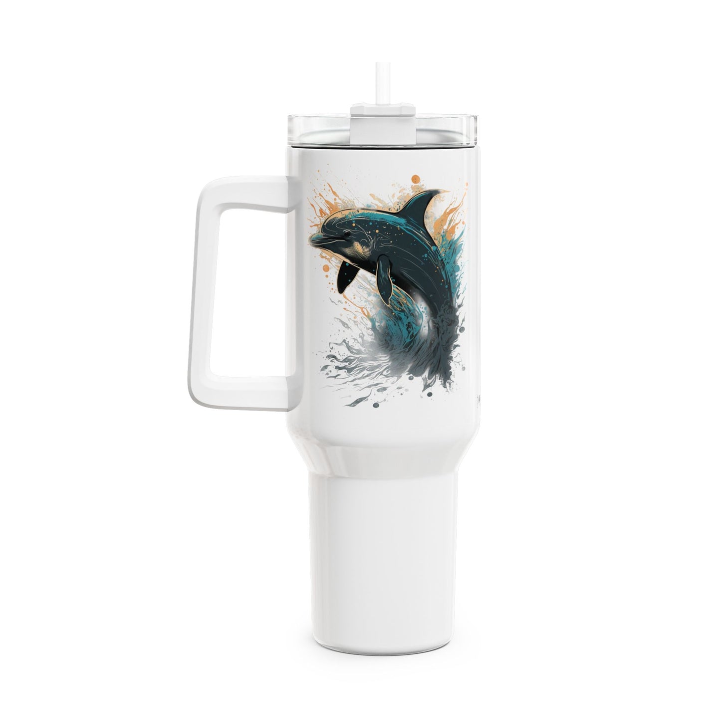 Tumbler-Becher, Edelstahl, Thermobecher, 1182 ml in weiß, Motiv: Delfin-Splash