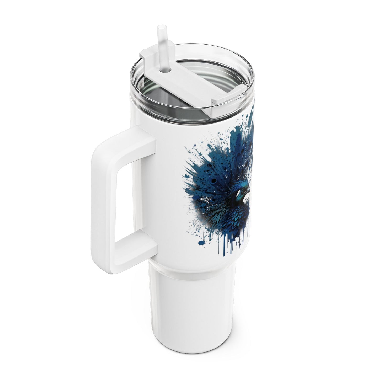Tumbler-Becher, Edelstahl, Thermobecher, 1182 ml in weiß, Motiv: Blauer Pfau-Splash