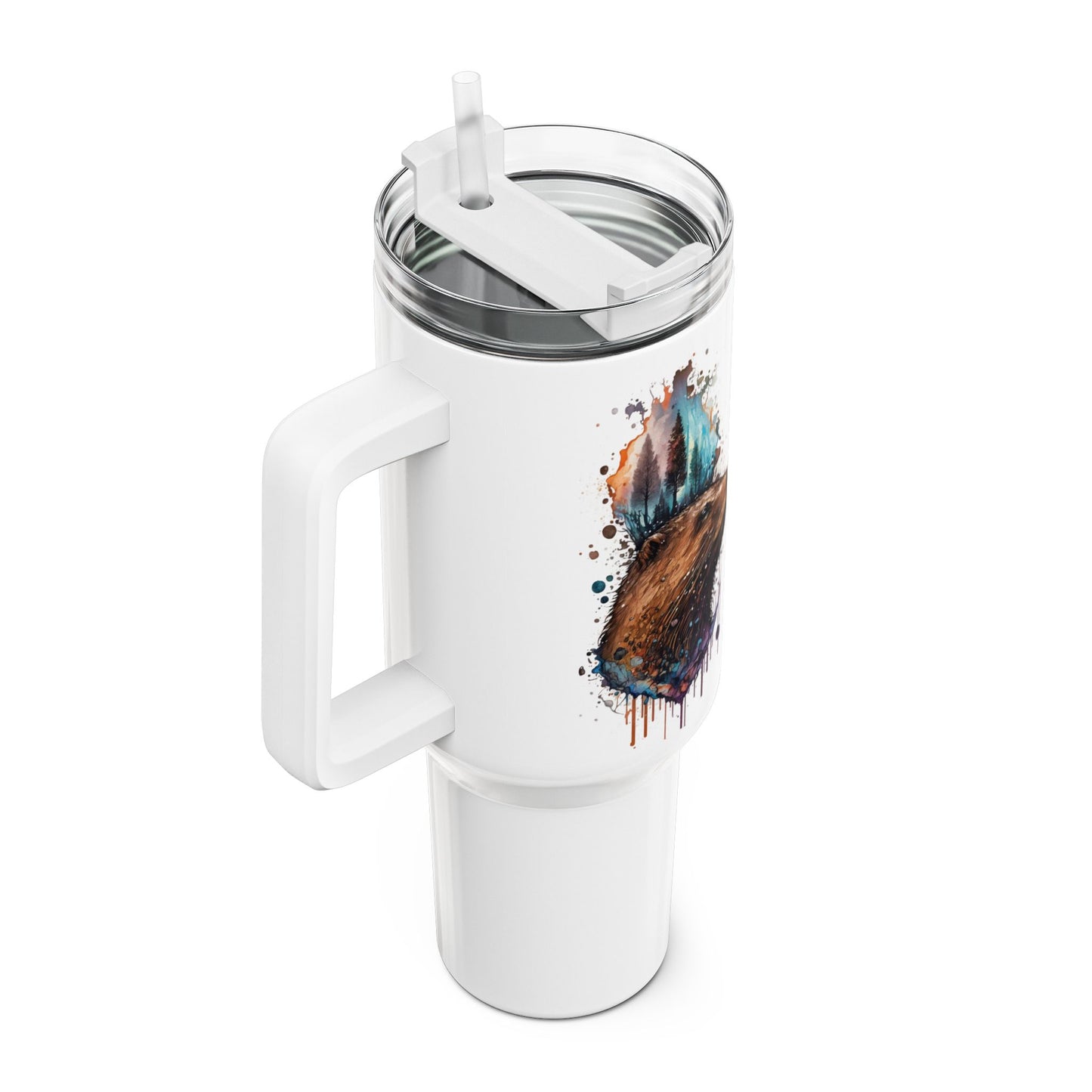 Tumbler-Becher, Edelstahl, Thermobecher, 1182 ml in weiß, Motiv: Bieber-Watercolor