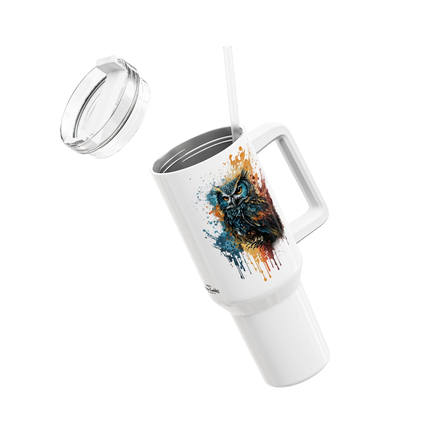 Tumbler-Becher, Edelstahl, Thermobecher, 1182 ml in weiß, Motiv: Eule-Splash