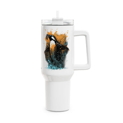 Tumbler-Becher, Edelstahl, Thermobecher, 1182 ml in weiß, Motiv: Pinguin-Splash