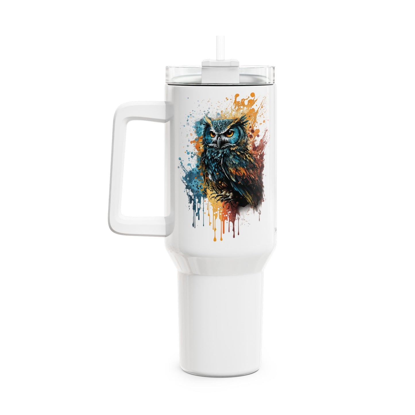 Tumbler-Becher, Edelstahl, Thermobecher, 1182 ml in weiß, Motiv: Eule-Splash