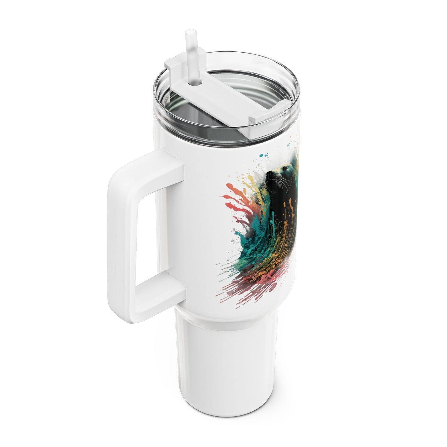 Tumbler-Becher, Edelstahl, Thermobecher, 1182 ml in weiß, Motiv: Seehund-Splash