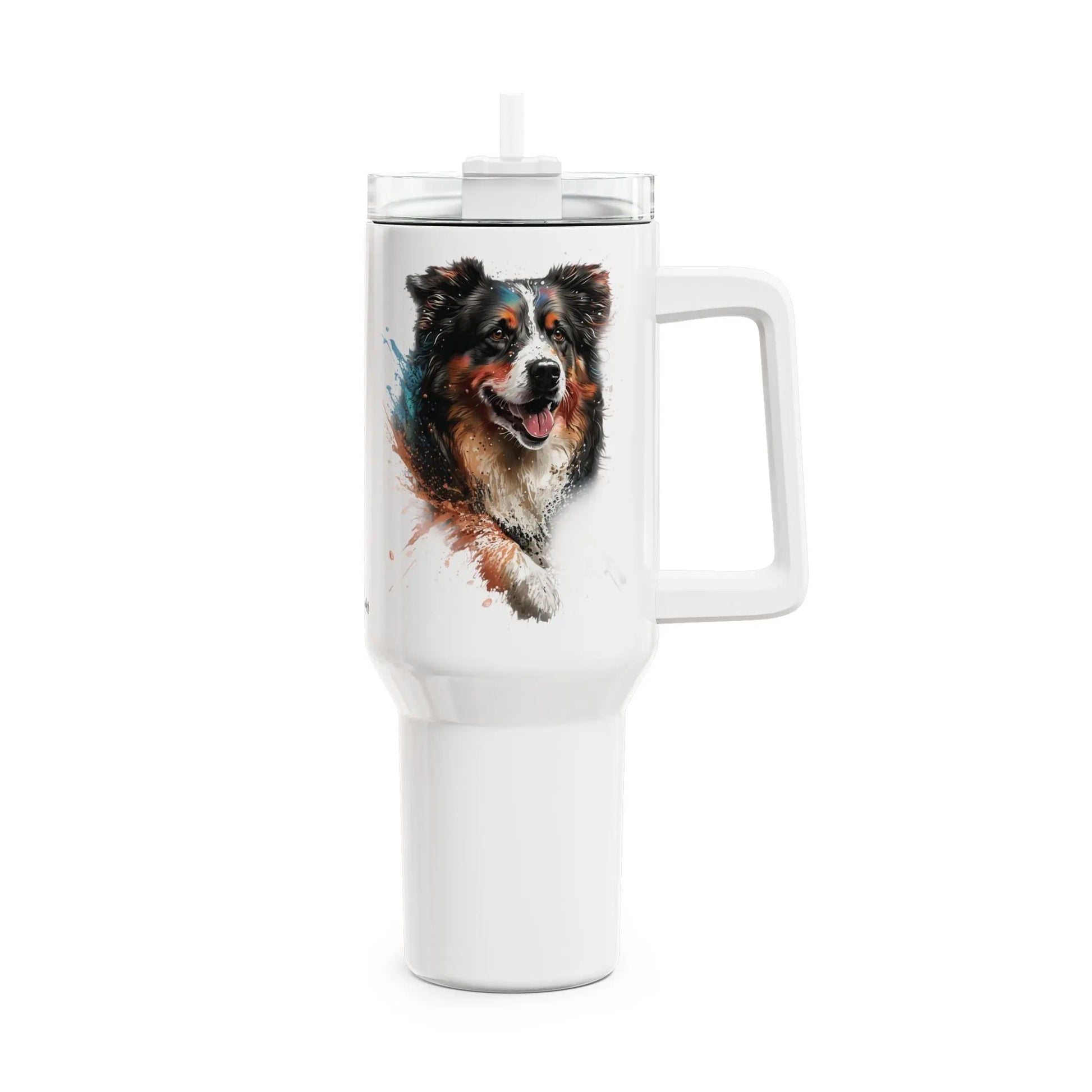 Tumbler-Becher, Edelstahl, Thermobecher, 1182 ml in weiß, Motiv: Australian Shephard-Splash Printify