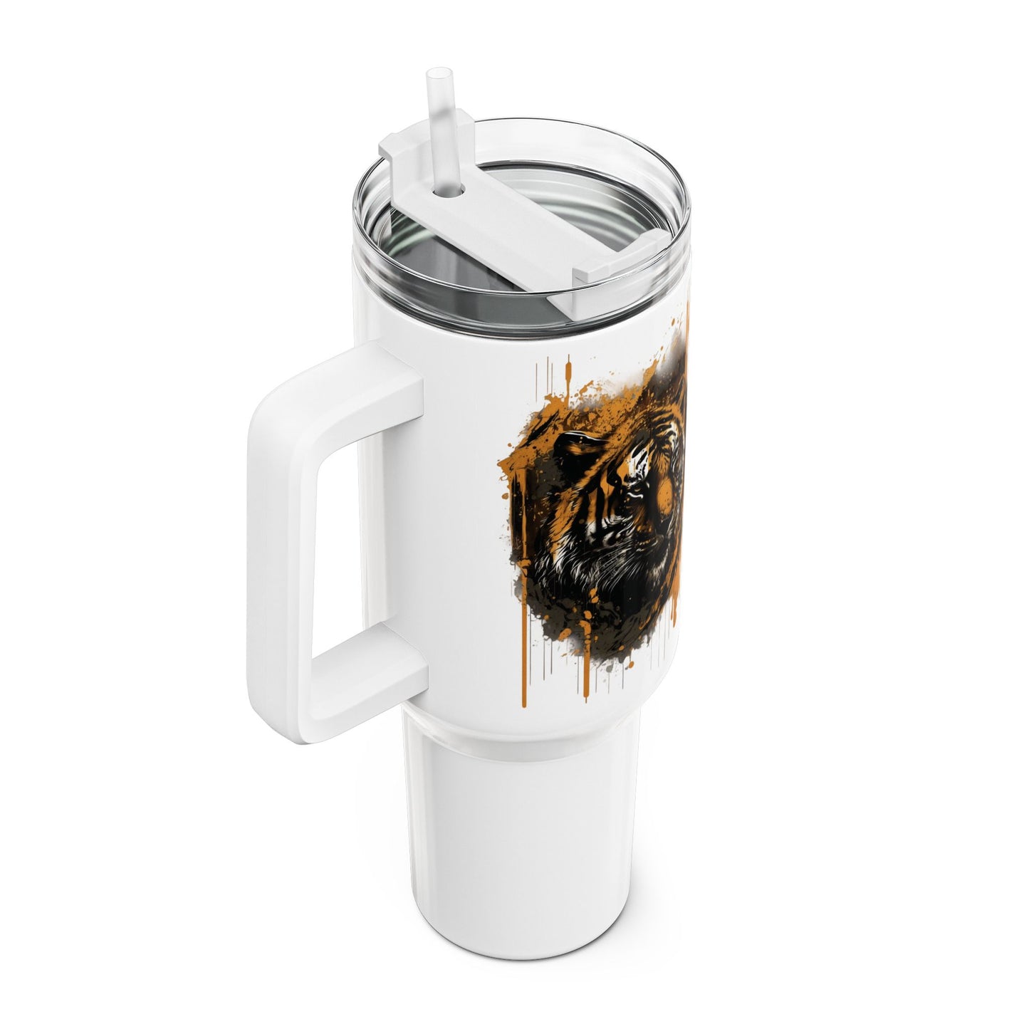 Tumbler-Becher, Edelstahl, Thermobecher, 1182 ml in weiß, Motiv: Tiger-Splash