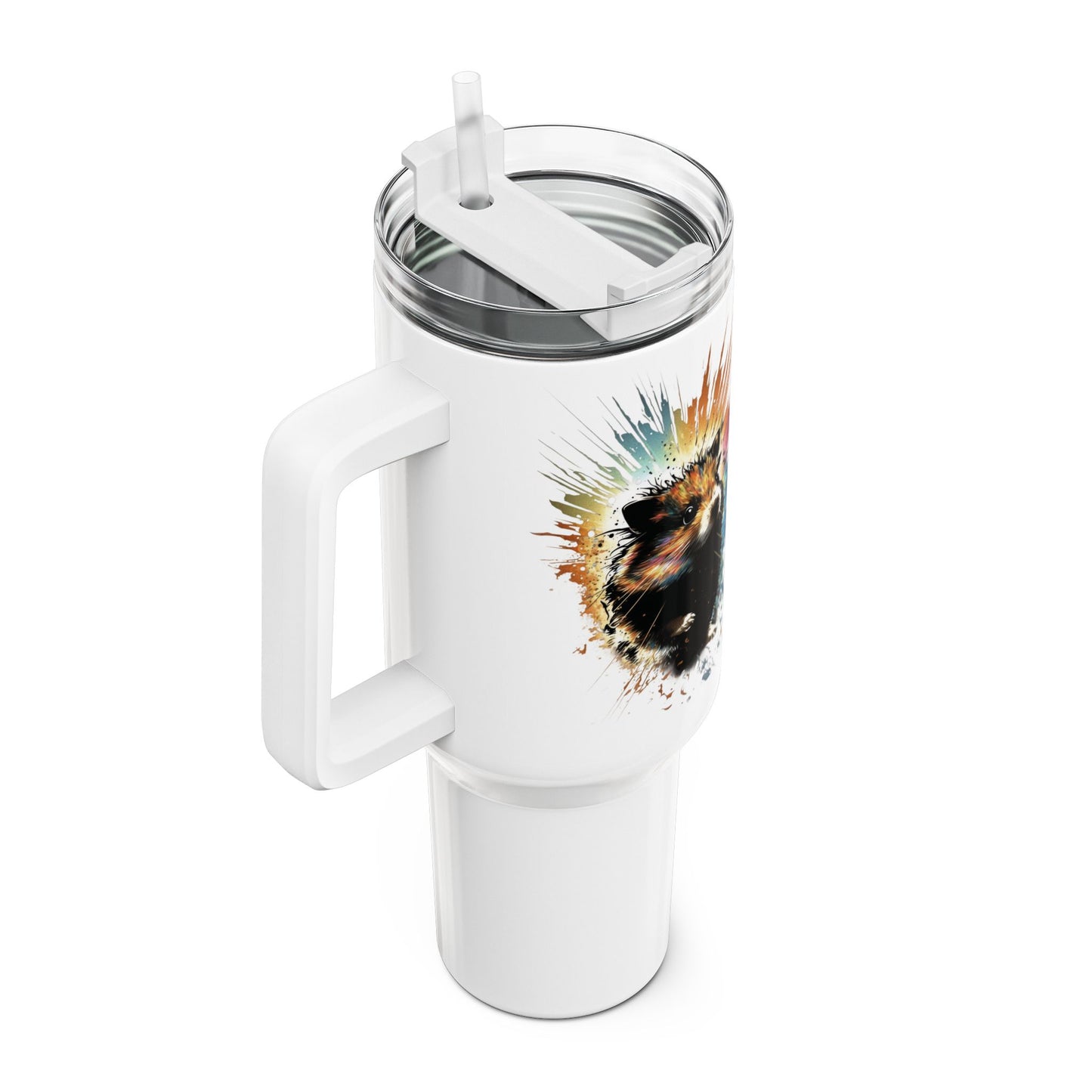 Tumbler-Becher, Edelstahl, Thermobecher, 1182 ml in weiß, Motiv: Hamster-Splash