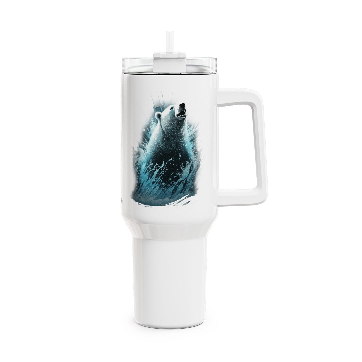 Tumbler-Becher, Edelstahl, Thermobecher, 1182 ml in weiß, Motiv: Eisbär-Splash