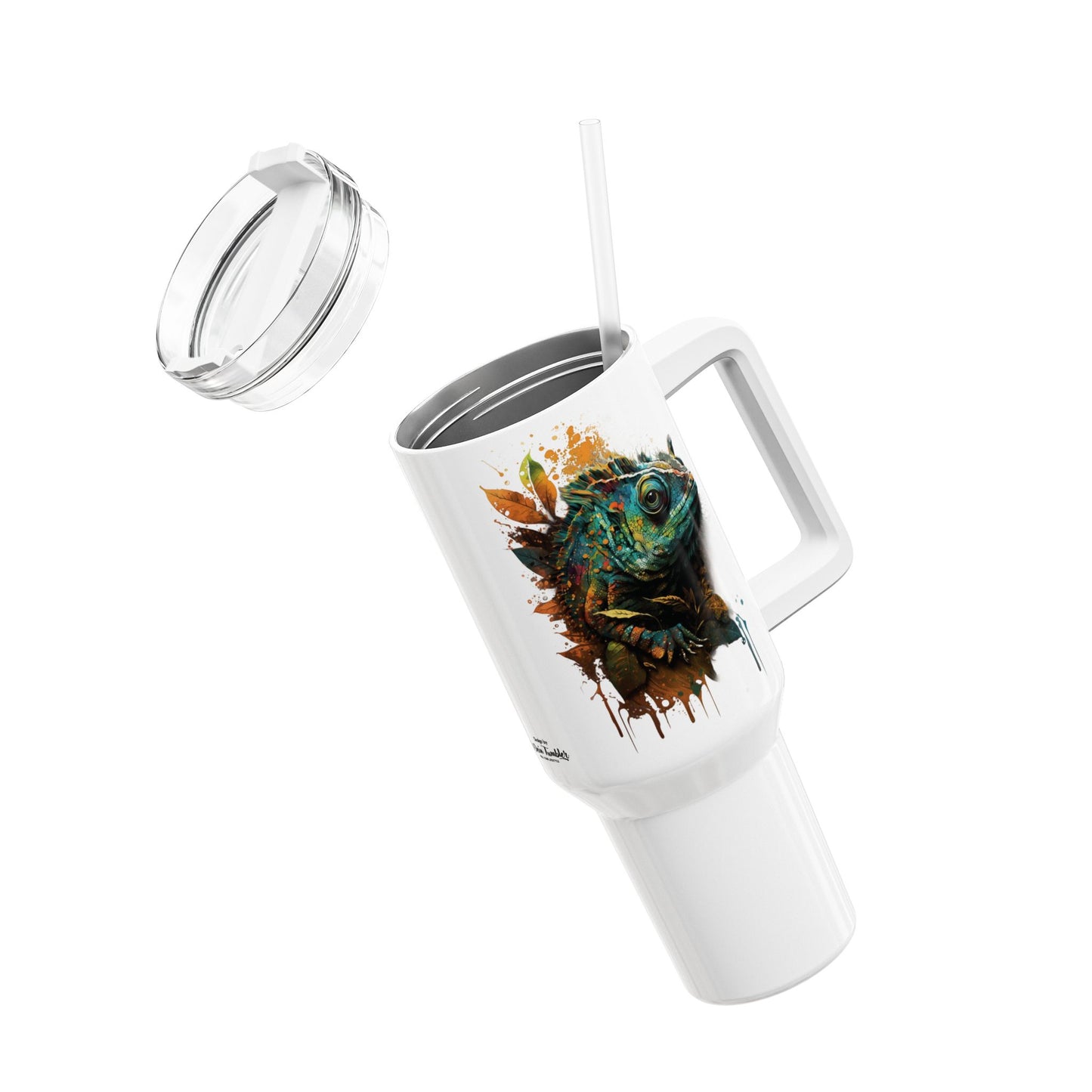 Tumbler-Becher, Edelstahl, Thermobecher, 1182 ml in weiß, Motiv: Chamäleon-Splash