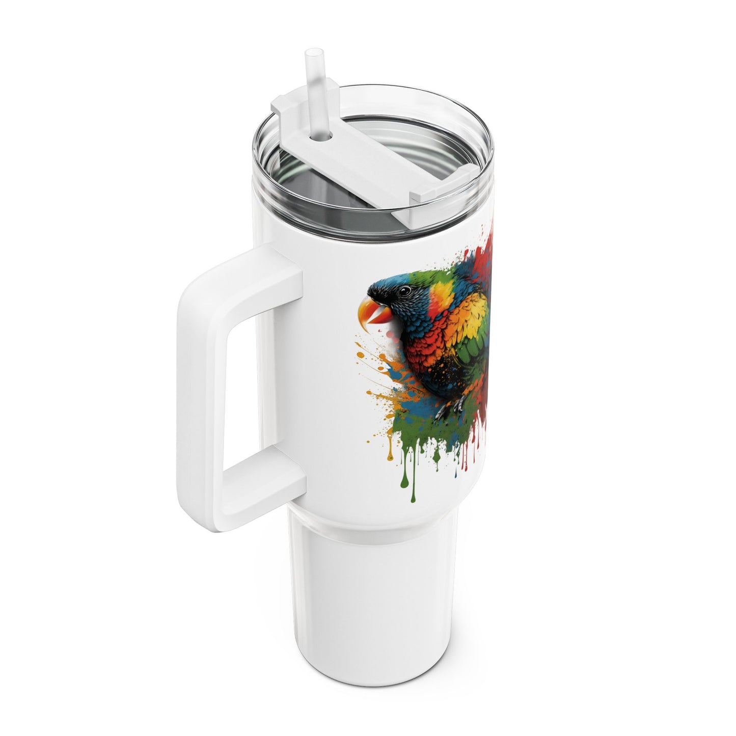Tumbler-Becher, Edelstahl, Thermobecher, 1182 ml in weiß, Motiv: Regenbogenvogel-Splash
