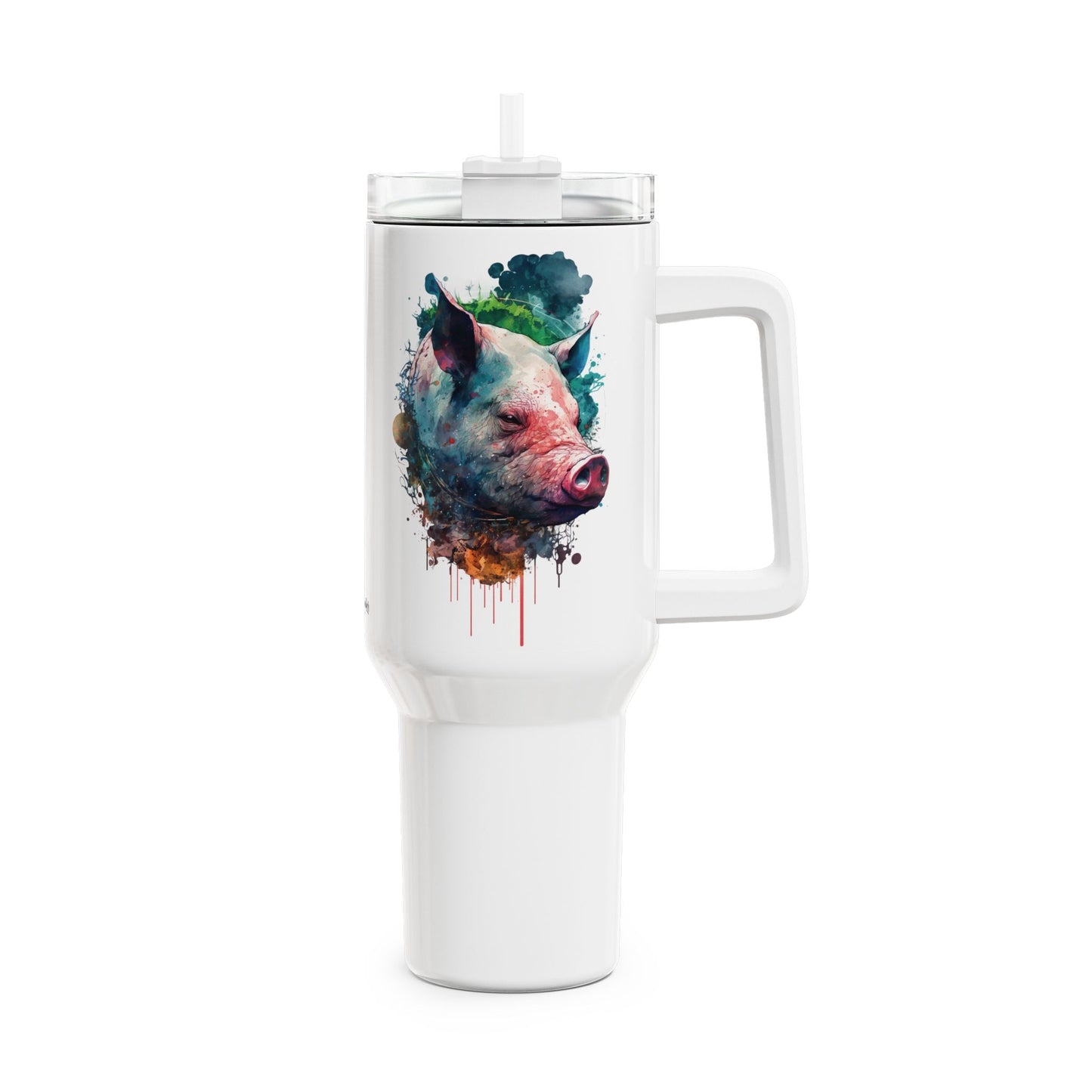 Tumbler-Becher, Edelstahl, Thermobecher, 1182 ml in weiß, Motiv: Schwein-Watercolor