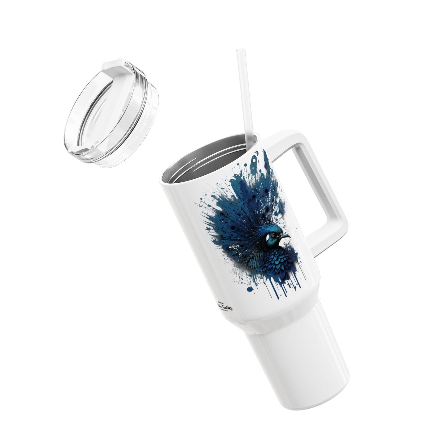 Tumbler-Becher, Edelstahl, Thermobecher, 1182 ml in weiß, Motiv: Blauer Pfau-Splash